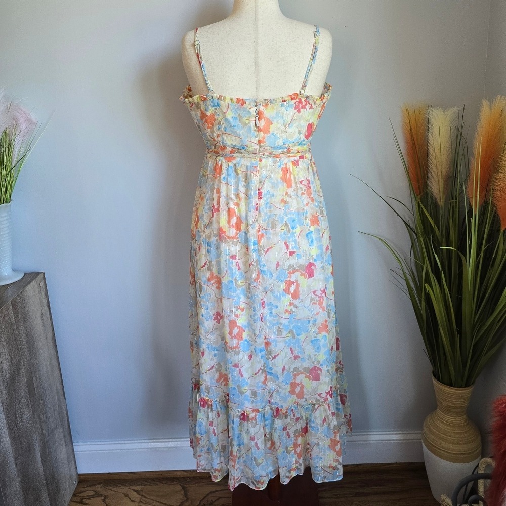 LIKELY NEW Raffy Ivory Pastel Floral Ruffle Tie Waist Maxi Dress SZ 12 Coquette - Picture 6 of 11